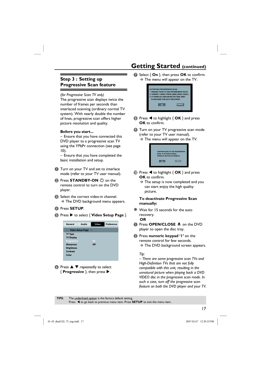 Philips DVP3120/75 user manual Before you start, To deactivate Progressive Scan manually, DVD background screen appears 