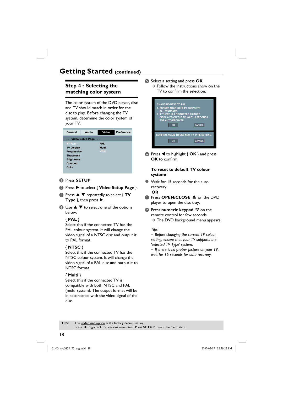 Philips DVP3120/75 user manual Selecting the matching color system, Pal, Ntsc, Multi, To reset to default TV colour system 