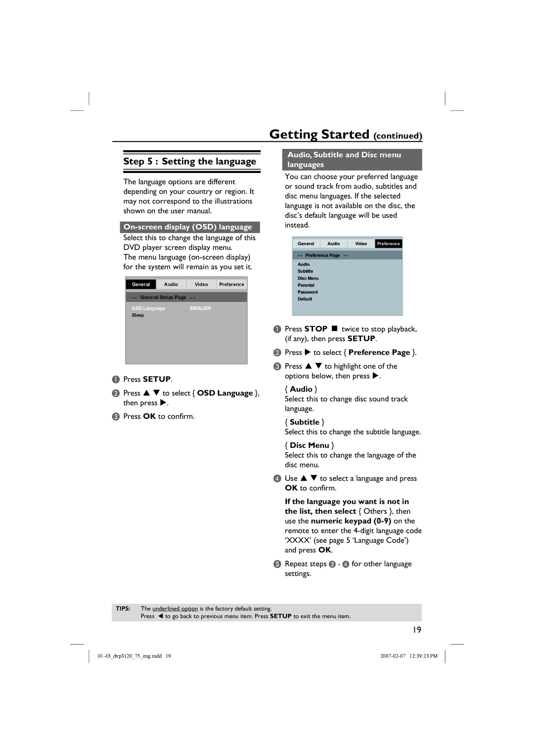 Philips DVP3120/75 Setting the language, On-screen display OSD language, Audio, Subtitle and Disc menu languages 