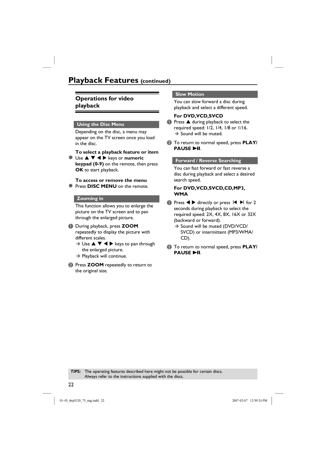 Philips DVP3120/75 Operations for video playback, Using the Disc Menu, Zooming, Slow Motion, Forward / Reverse Searching 