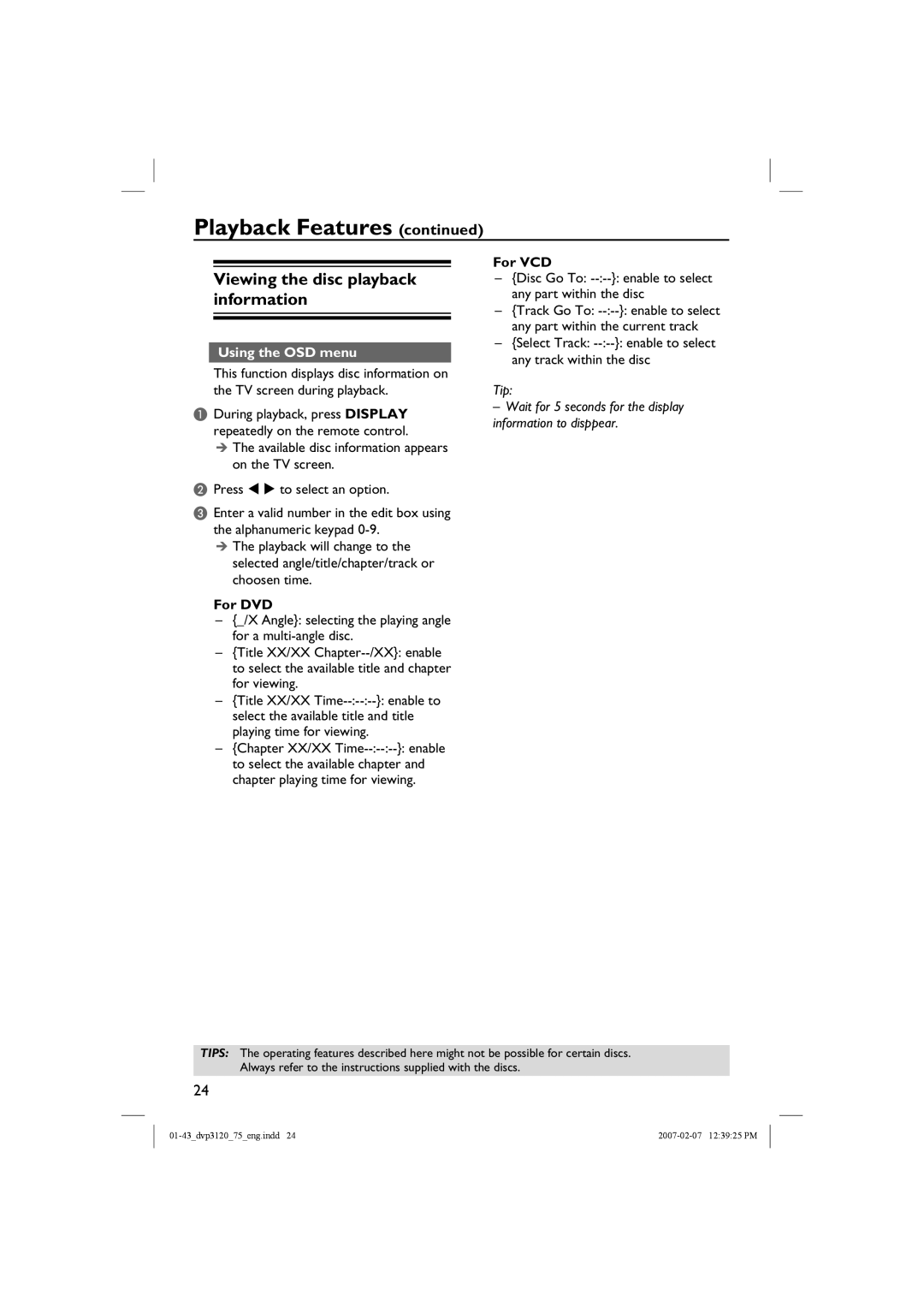 Philips DVP3120/75 user manual Viewing the disc playback information, Using the OSD menu, For VCD 