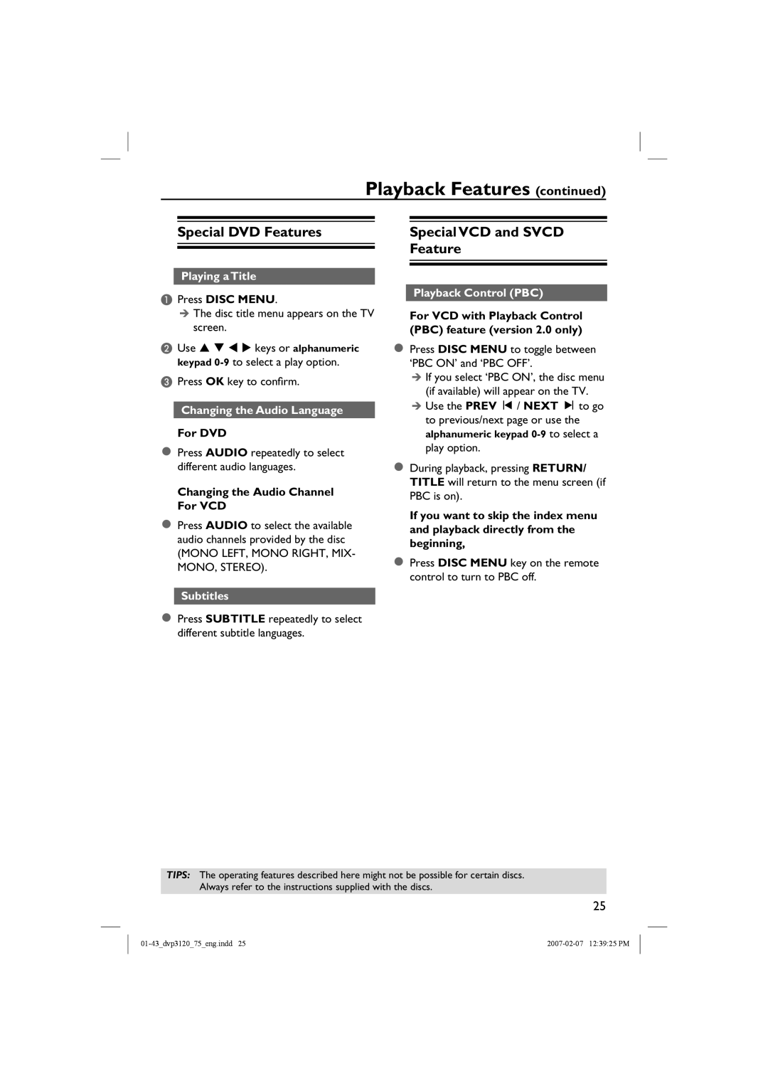 Philips DVP3120/75 user manual Special DVD Features, Special VCD and Svcd Feature 