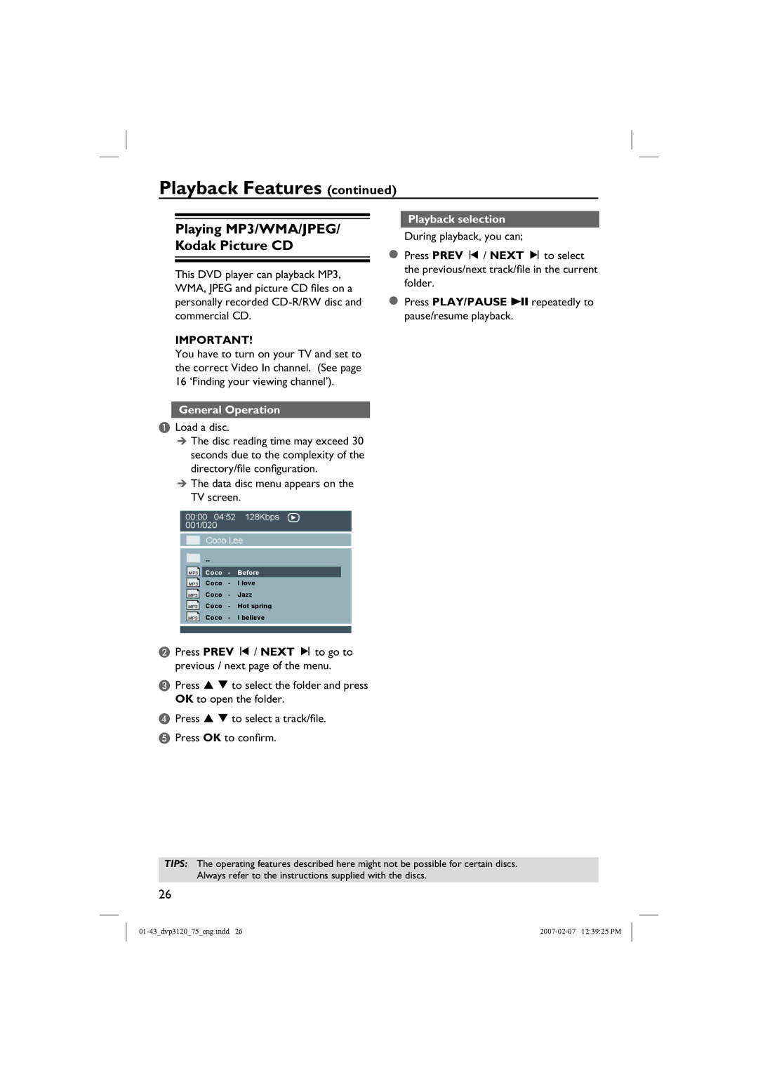 Philips DVP3120/75 user manual Playing MP3/WMA/JPEG/ Kodak Picture CD, General Operation, Load a disc, Playback selection 