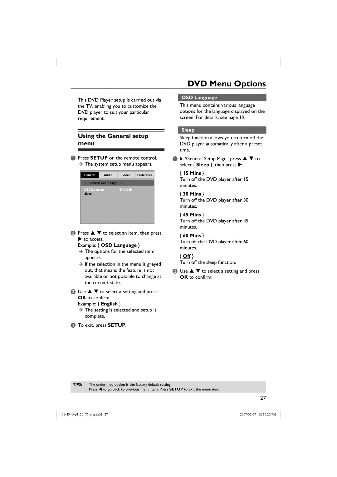 Philips DVP3120/75 user manual DVD Menu Options, Using the General setup menu, OSD Language, Sleep 