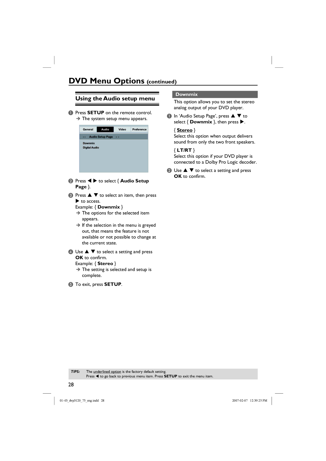 Philips DVP3120/75 user manual Using the Audio setup menu, Downmix, Stereo, Lt/Rt 