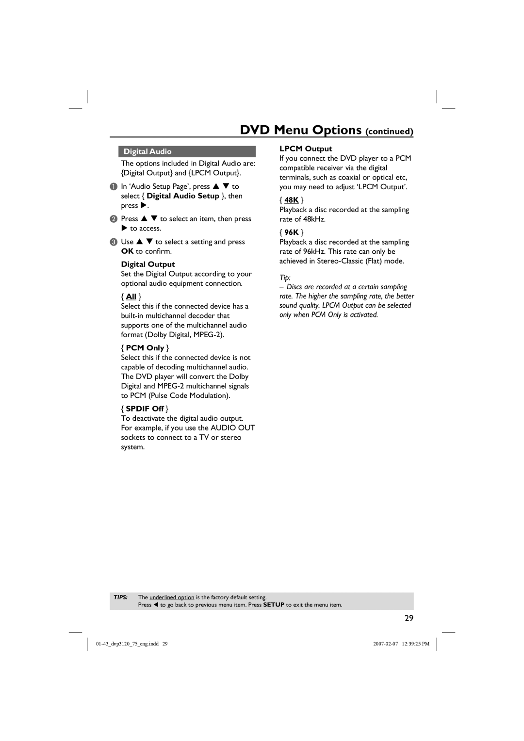 Philips DVP3120/75 user manual Digital Audio 