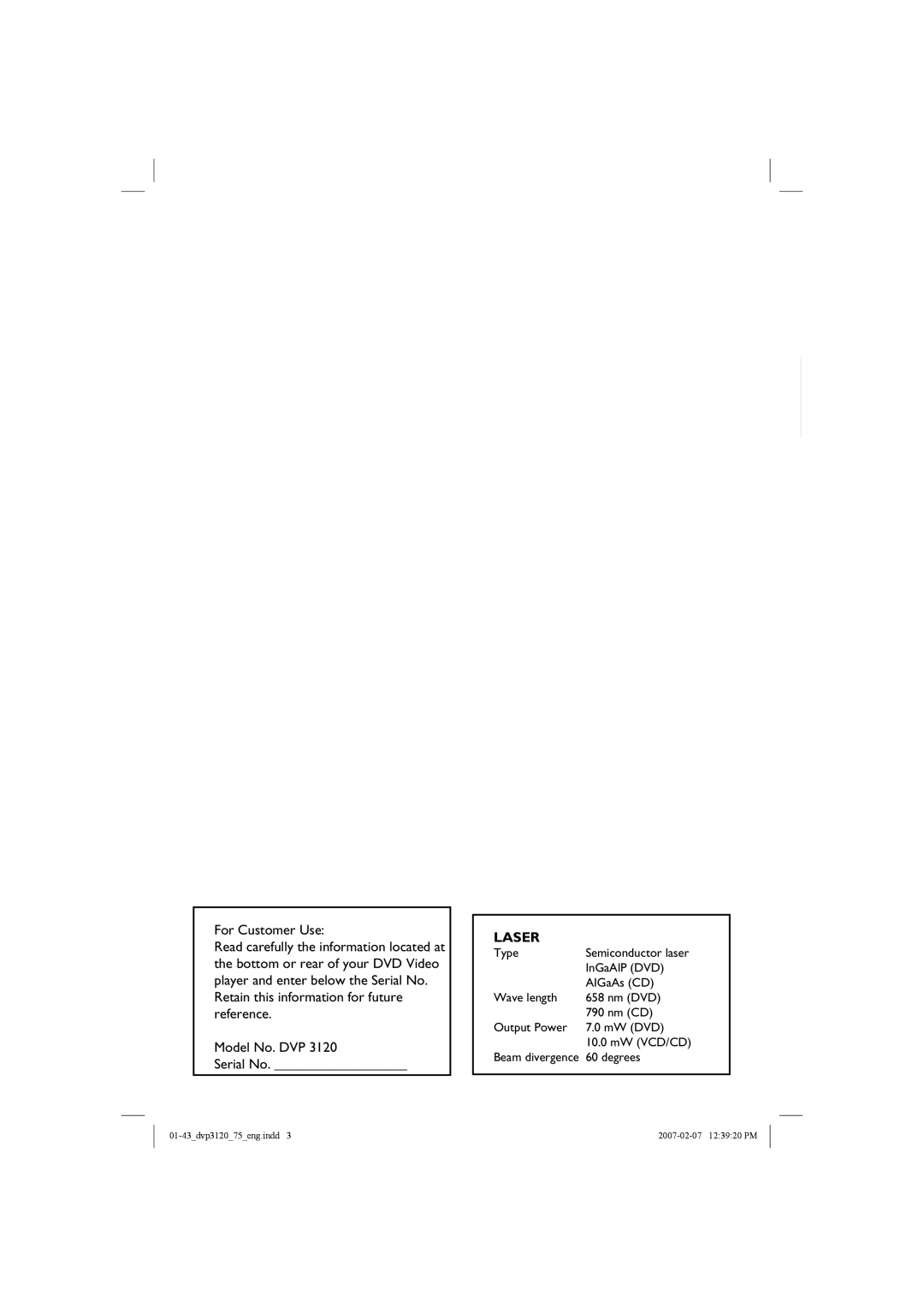 Philips DVP3120/75 user manual Português Español English, For Customer Use 