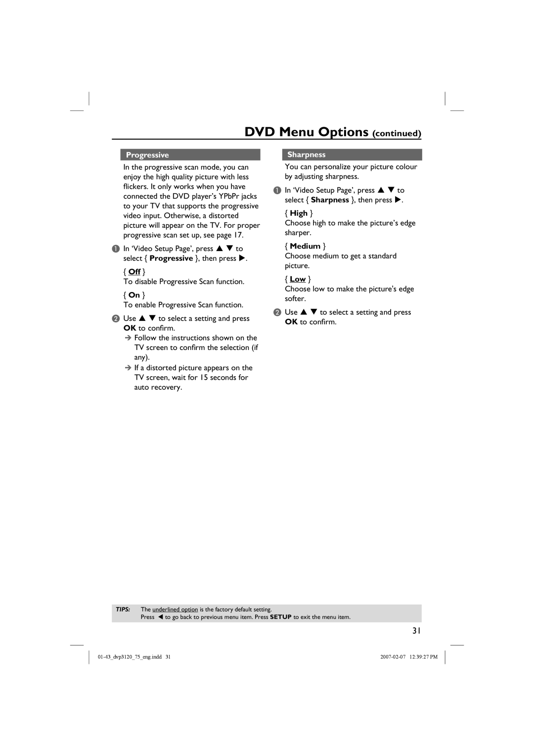 Philips DVP3120/75 user manual Progressive, Sharpness, High, Medium, Low 