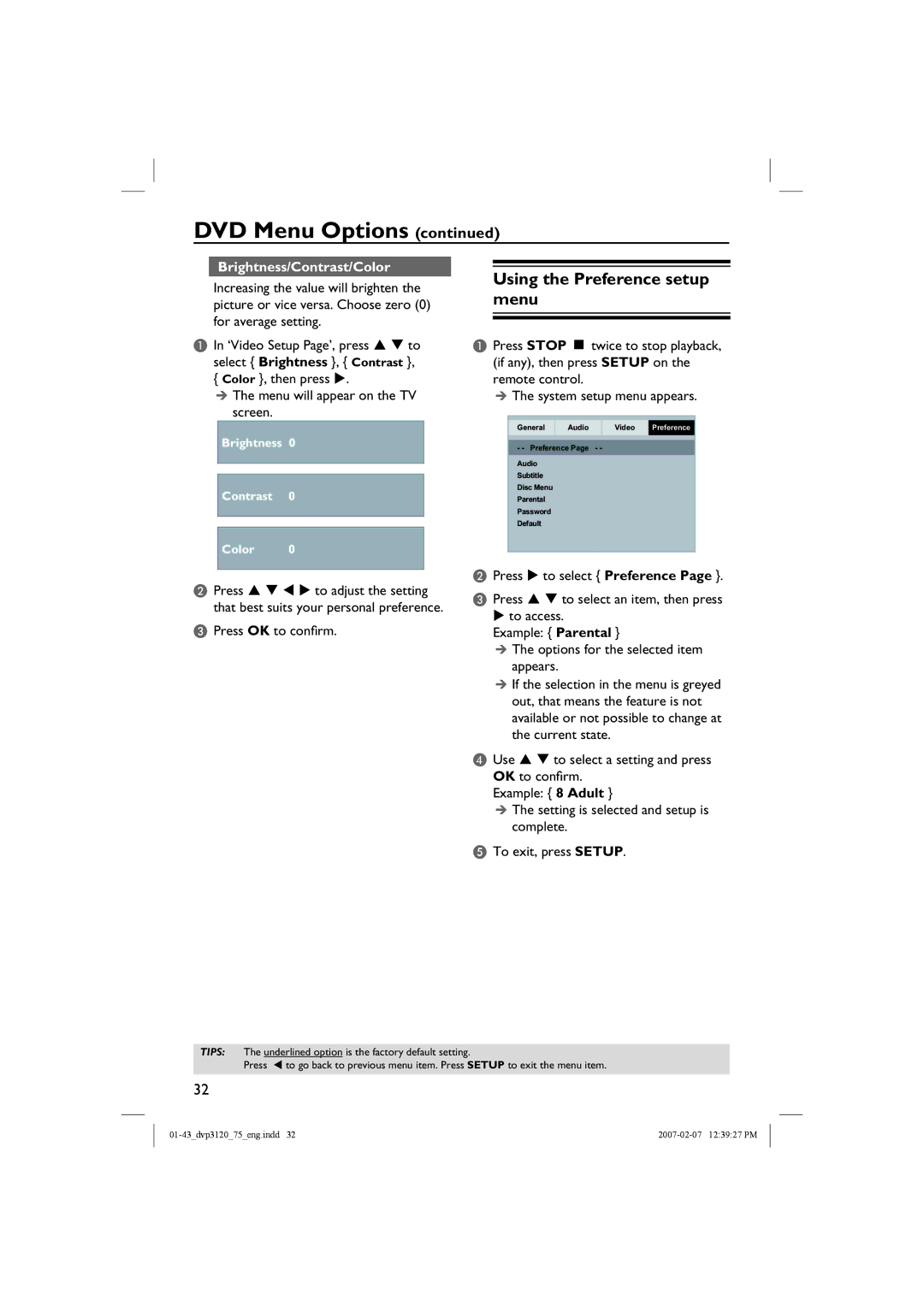 Philips DVP3120/75 user manual Using the Preference setup menu, Brightness/Contrast/Color 