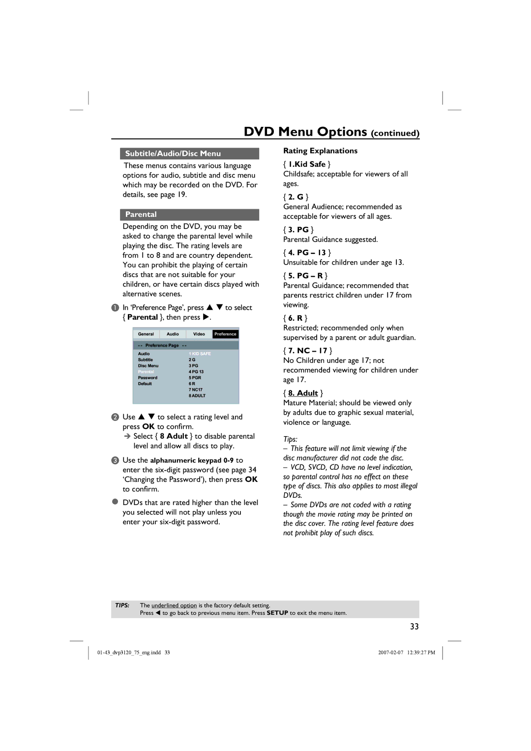 Philips DVP3120/75 user manual Subtitle/Audio/Disc Menu, Parental, Rating Explanations Kid Safe, Pg R, Adult 