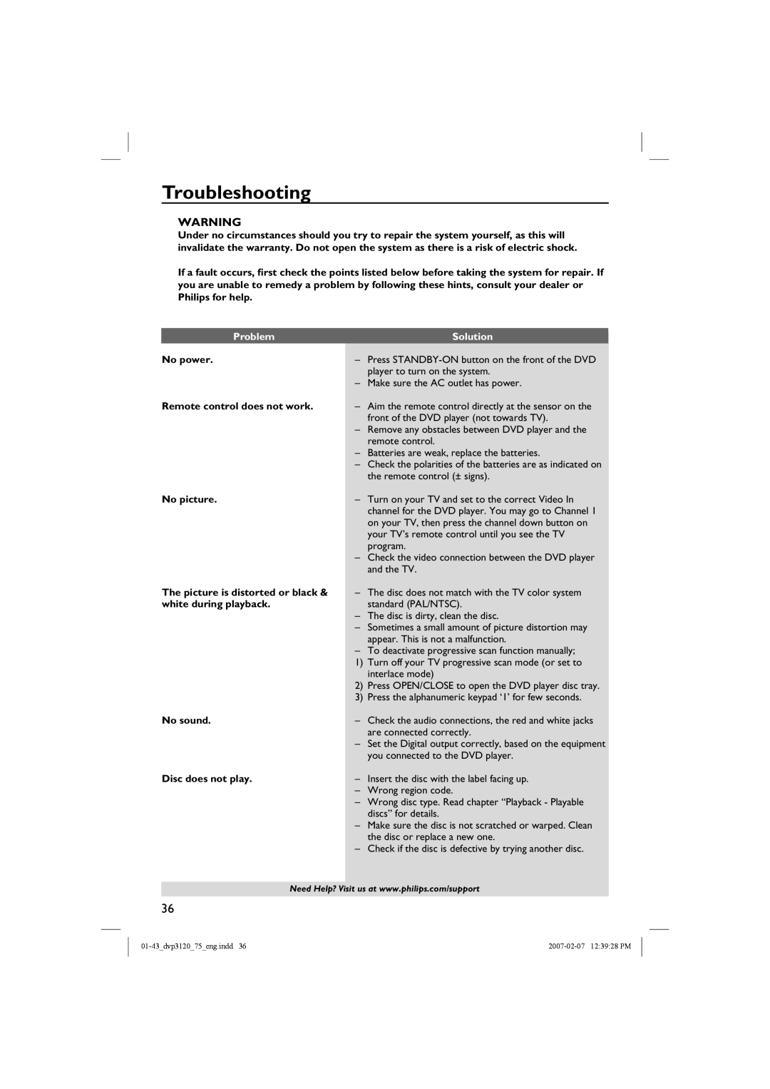 Philips DVP3120/75 user manual Troubleshooting, Problem Solution 