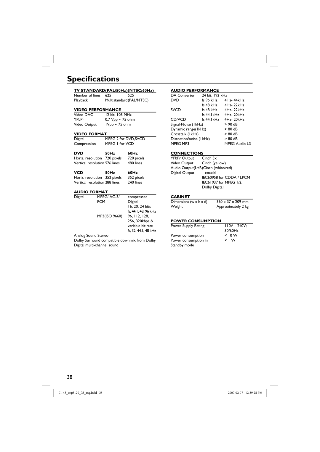 Philips DVP3120/75 user manual Specifications, Audio Format 