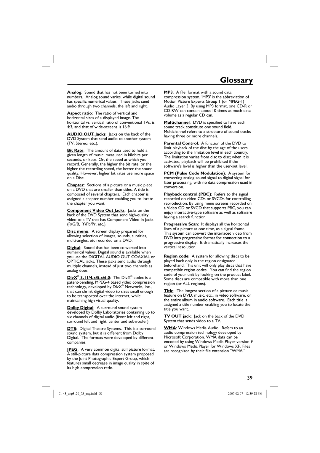 Philips DVP3120/75 user manual Glossary 