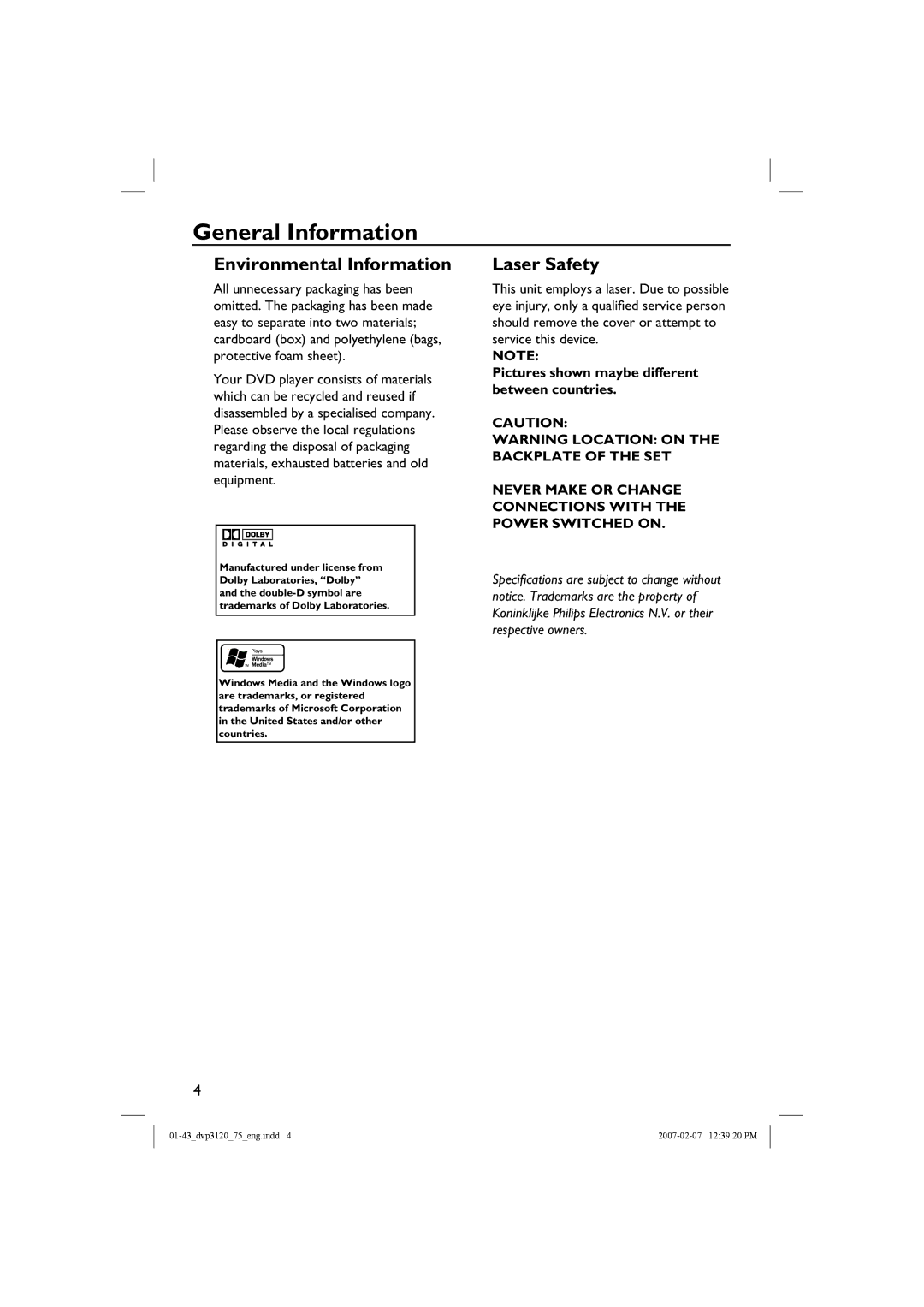 Philips DVP3120/75 user manual General Information, Pictures shown maybe different between countries 