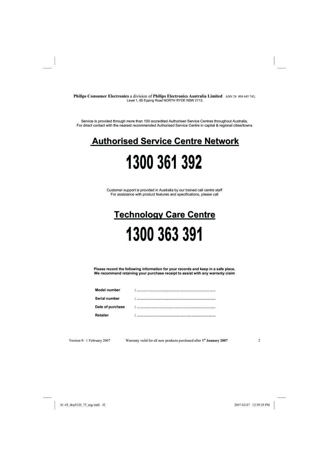 Philips DVP3120/75 user manual Authorised Service Centre Network 