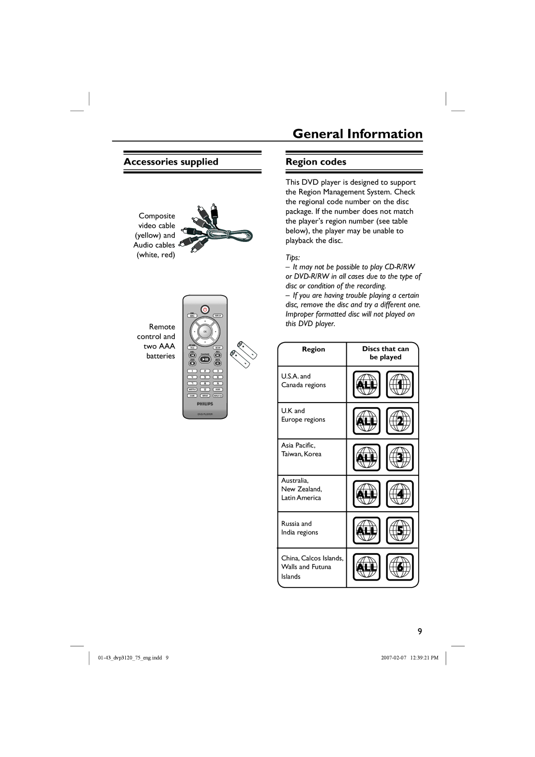 Philips DVP3120/75 user manual Accessories supplied, Region codes, Remote, Two AAA, Batteries 