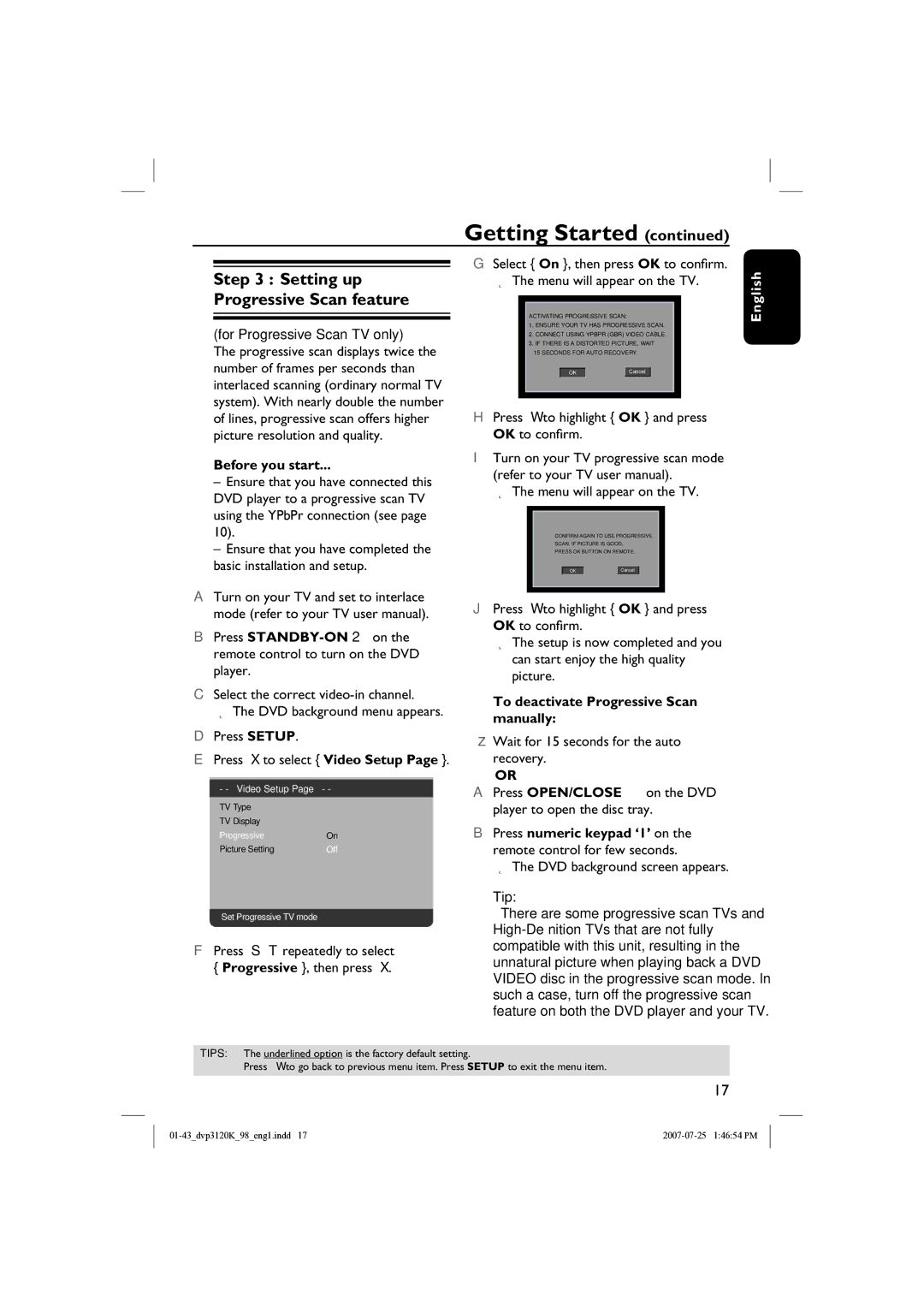 Philips DVP3120K quick start Before you start, To deactivate Progressive Scan manually 