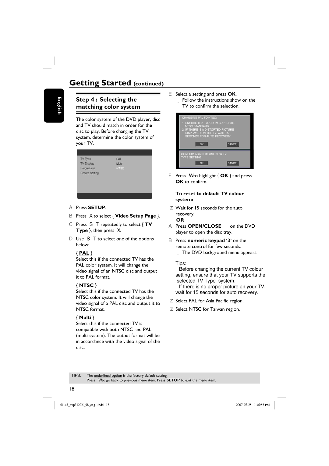 Philips DVP3120K quick start Selecting the matching color system, Pal, Ntsc, Multi, To reset to default TV colour system 