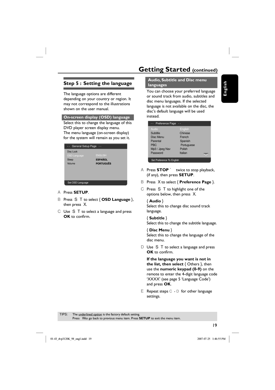 Philips DVP3120K quick start Setting the language, On-screen display OSD language, Audio, Subtitle and Disc menu languages 