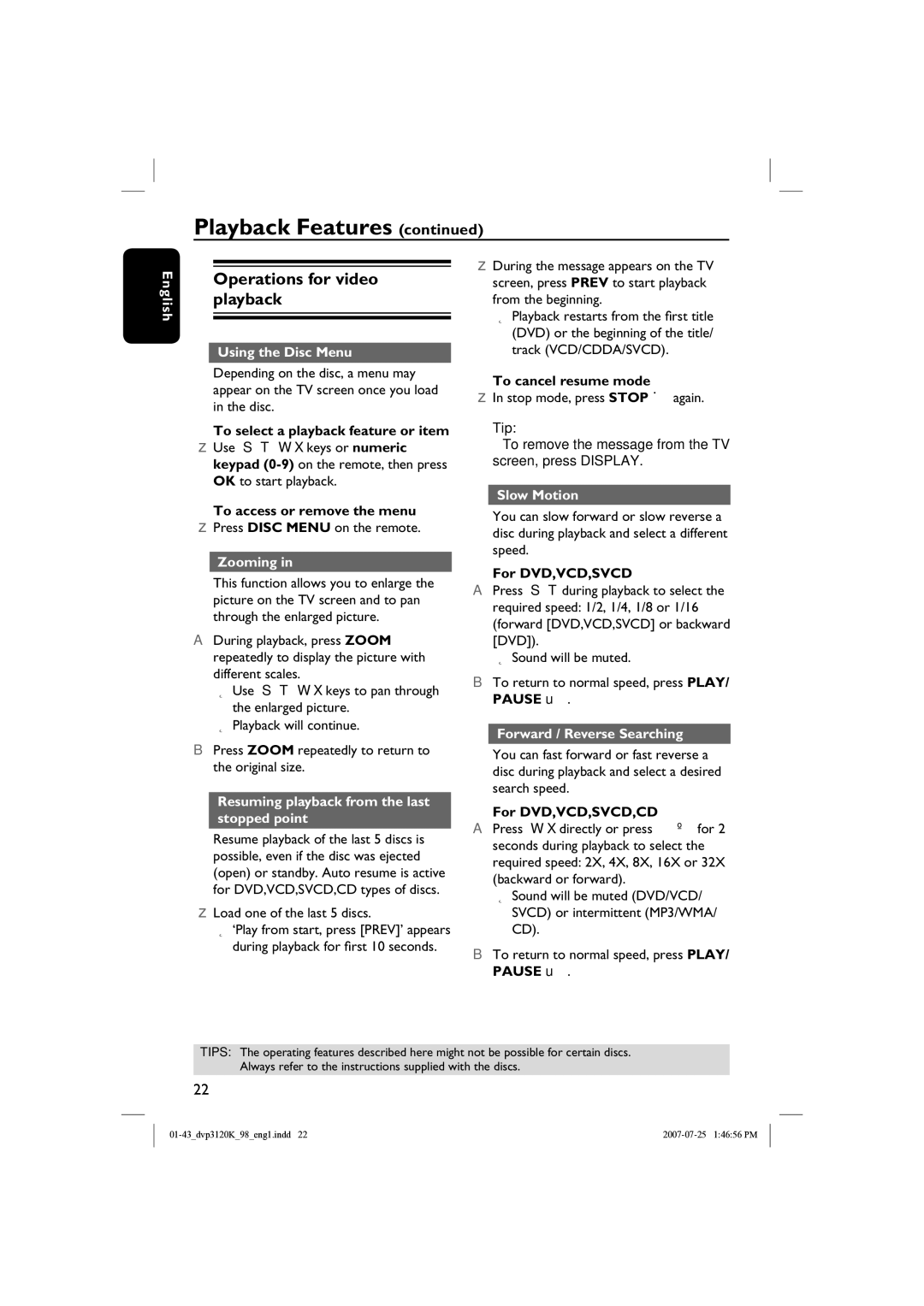 Philips DVP3120K quick start Operations for video playback 