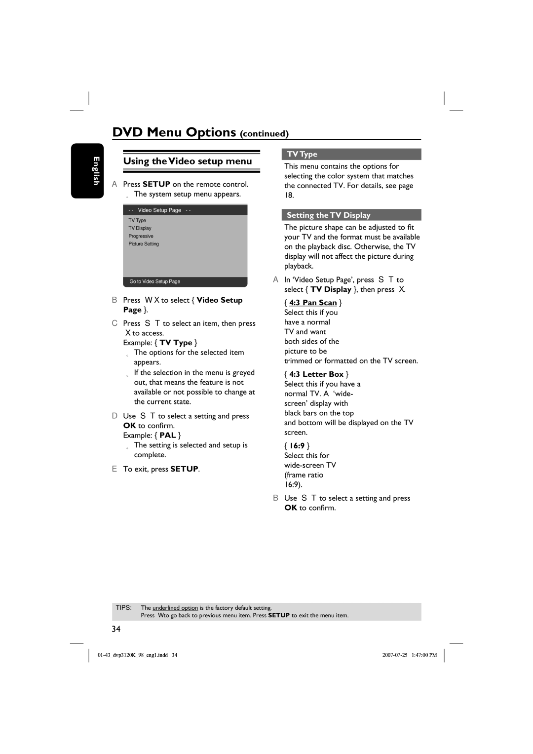 Philips DVP3120K Using the Video setup menu, TV Type, Setting the TV Display, Trimmed or formatted on the TV screen 