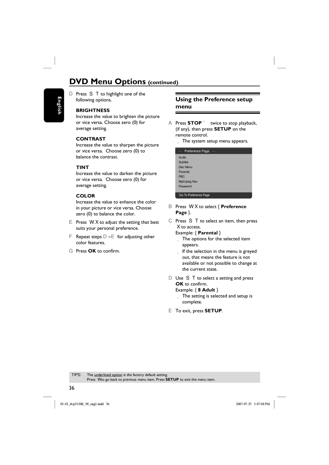 Philips DVP3120K quick start Using the Preference setup menu, Press S T to highlight one of the following options 