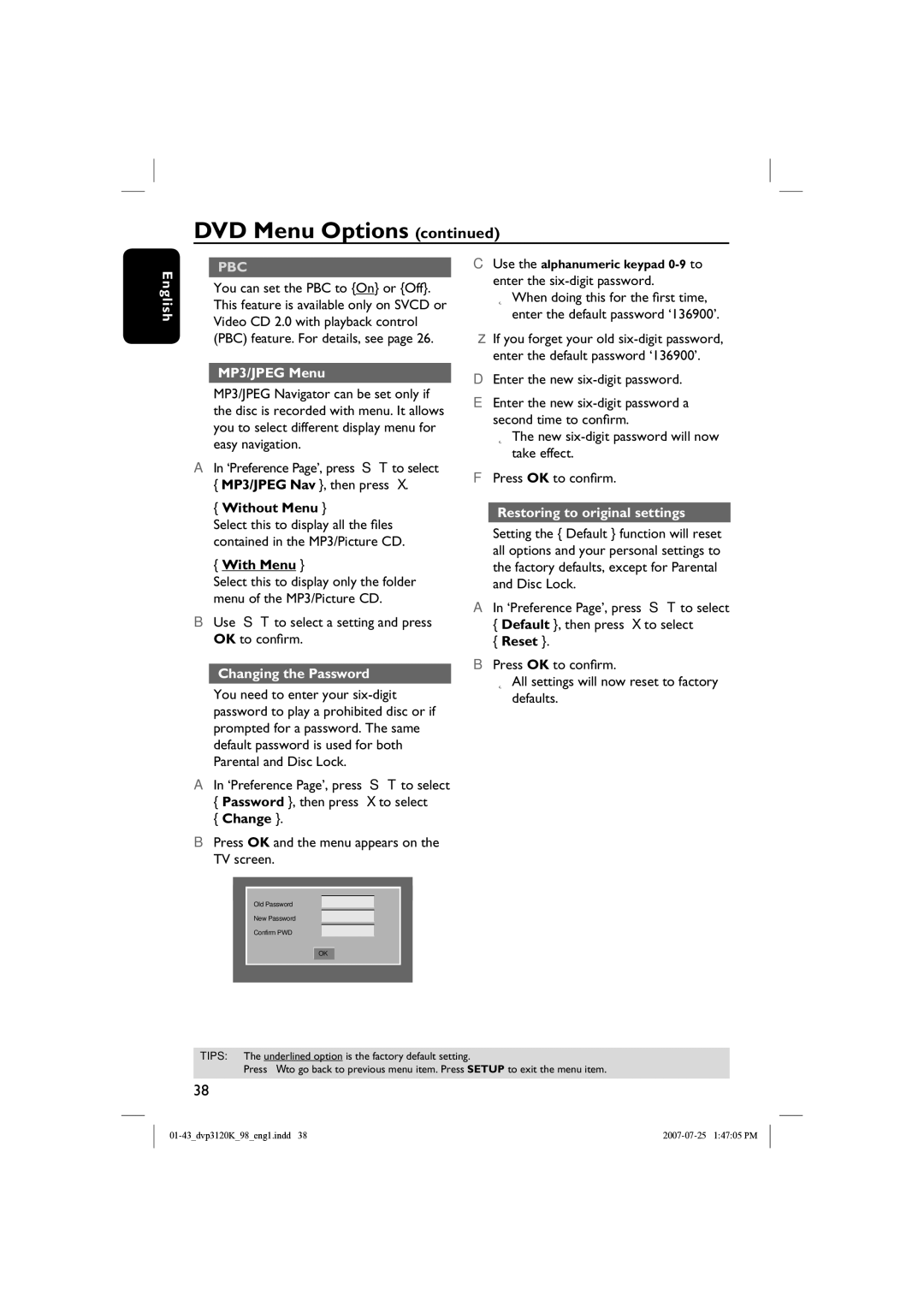 Philips DVP3120K quick start MP3/JPEG Menu, Changing the Password, Restoring to original settings 