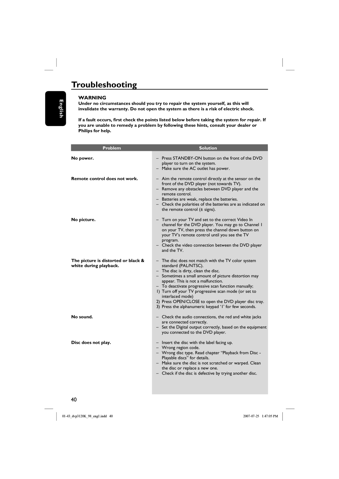 Philips DVP3120K quick start Troubleshooting, Problem Solution 