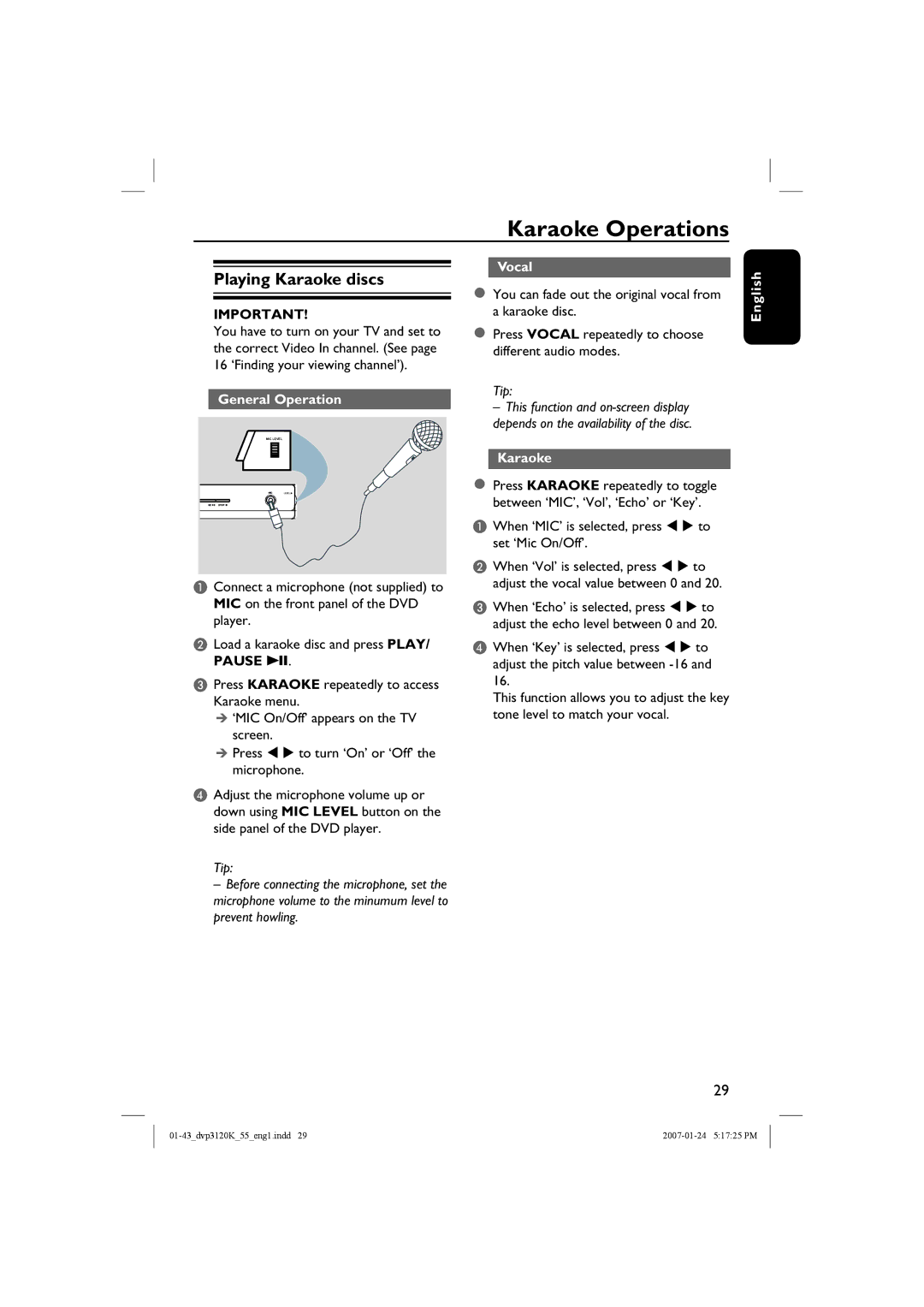 Philips DVP3120K/55 user manual Karaoke Operations, Playing Karaoke discs, Vocal 