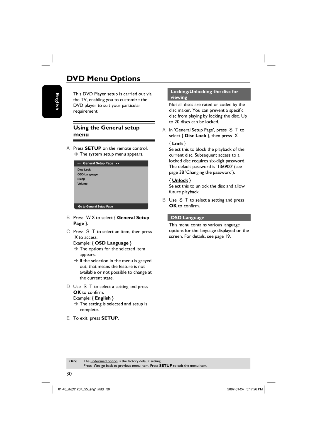 Philips DVP3120K/55 DVD Menu Options, Using the General setup menu, Locking/Unlocking the disc for viewing, OSD Language 