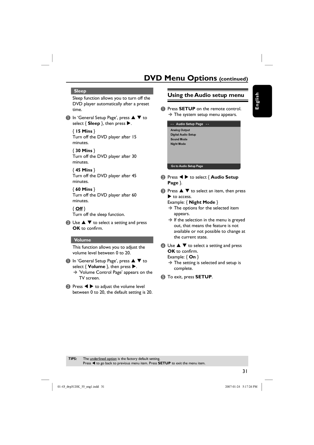 Philips DVP3120K/55 user manual Using the Audio setup menu, Sleep, Mins, Off, Volume 