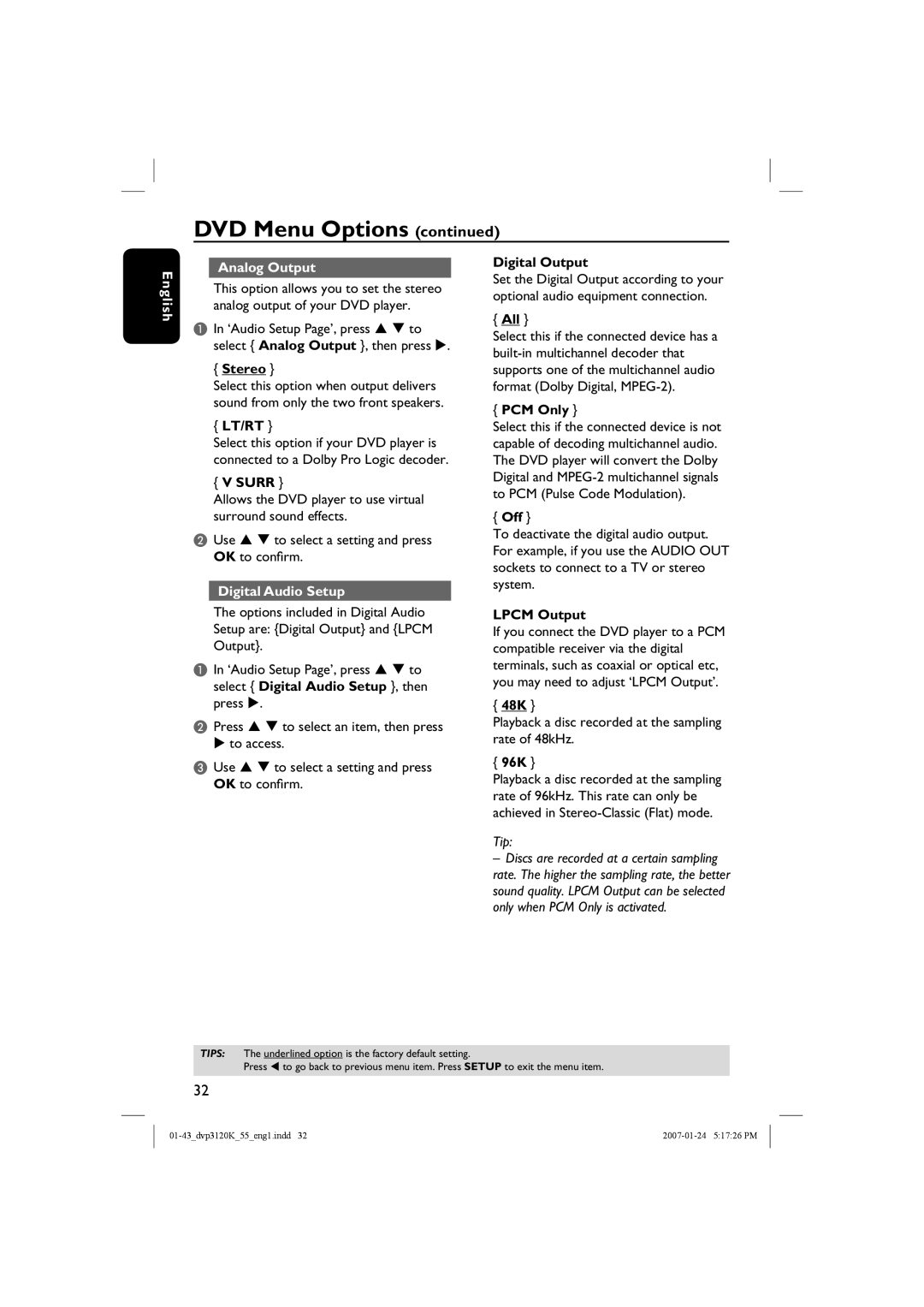 Philips DVP3120K/55 user manual English Analog Output, Digital Audio Setup 