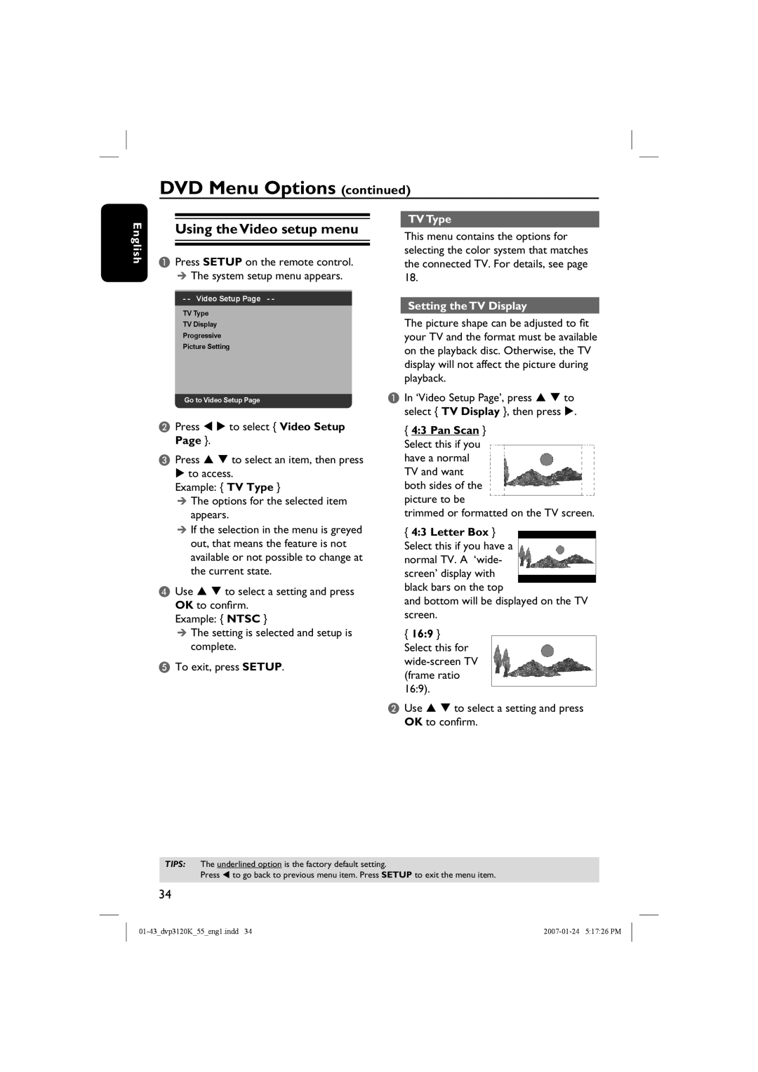 Philips DVP3120K/55 Using the Video setup menu, TV Type, Setting the TV Display, Trimmed or formatted on the TV screen 