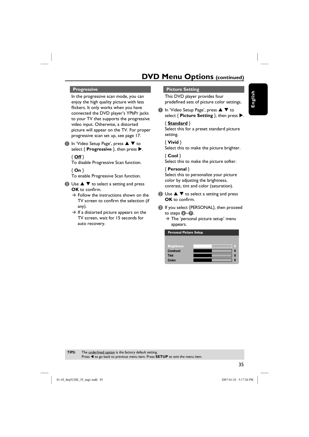 Philips DVP3120K/55 user manual Progressive, Picture Setting 