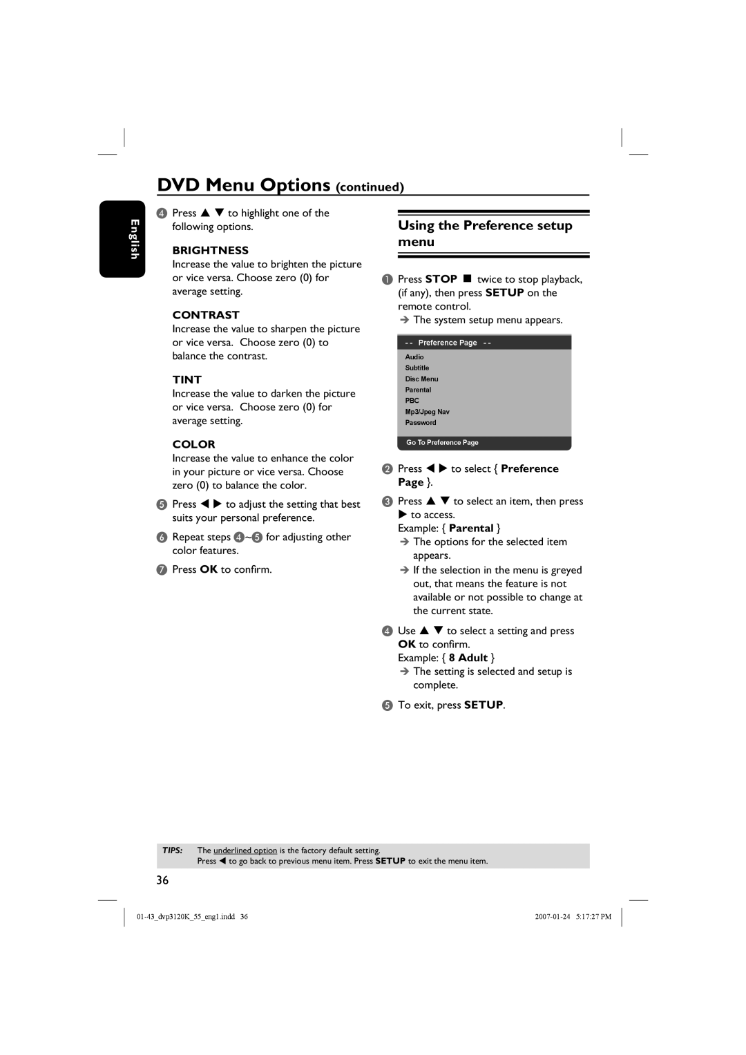 Philips DVP3120K/55 user manual Using the Preference setup menu, Press S T to highlight one of the following options 