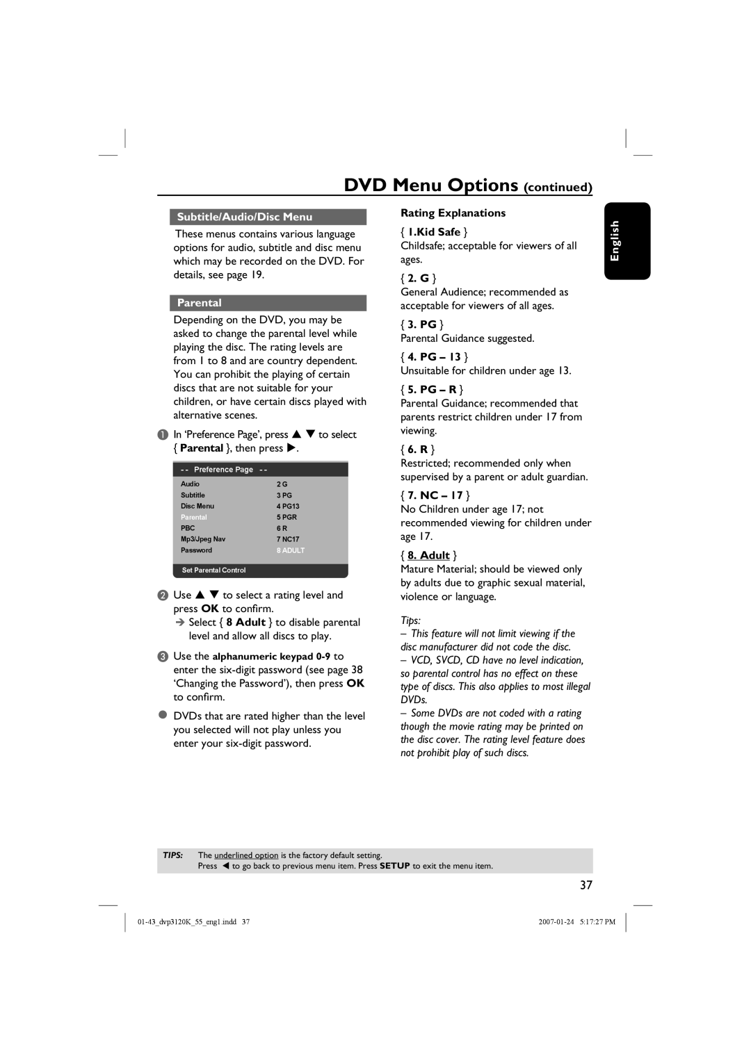 Philips DVP3120K/55 user manual Subtitle/Audio/Disc Menu, Parental, Rating Explanations Kid Safe, Pg R, Adult 