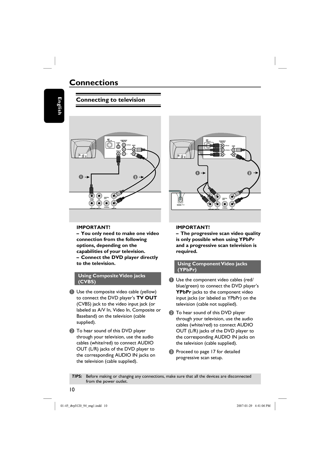 Philips DVP3120X/94, DVP3120/94 user manual Connections, Connecting to television, Using Composite Video jacks Cvbs 