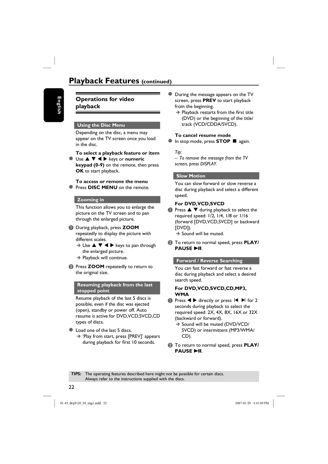 Philips DVP3120X/94, DVP3120/94 user manual Operations for video playback 