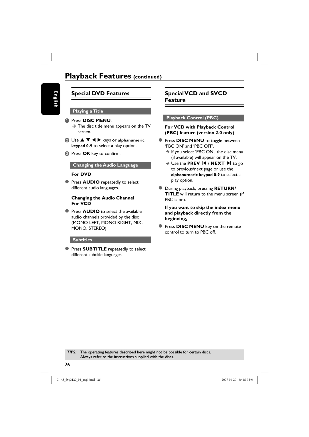 Philips DVP3120/94, DVP3120X/94 user manual Special DVD Features, Special VCD and Svcd Feature 