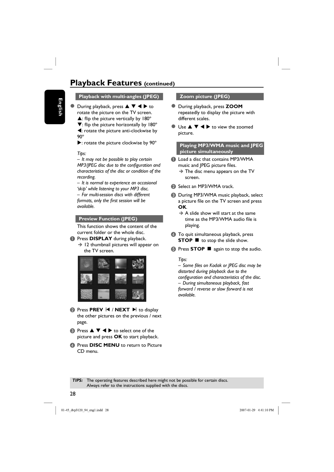 Philips DVP3120X/94, DVP3120/94 English Playback with multi-angles Jpeg, Preview Function Jpeg, Zoom picture Jpeg 