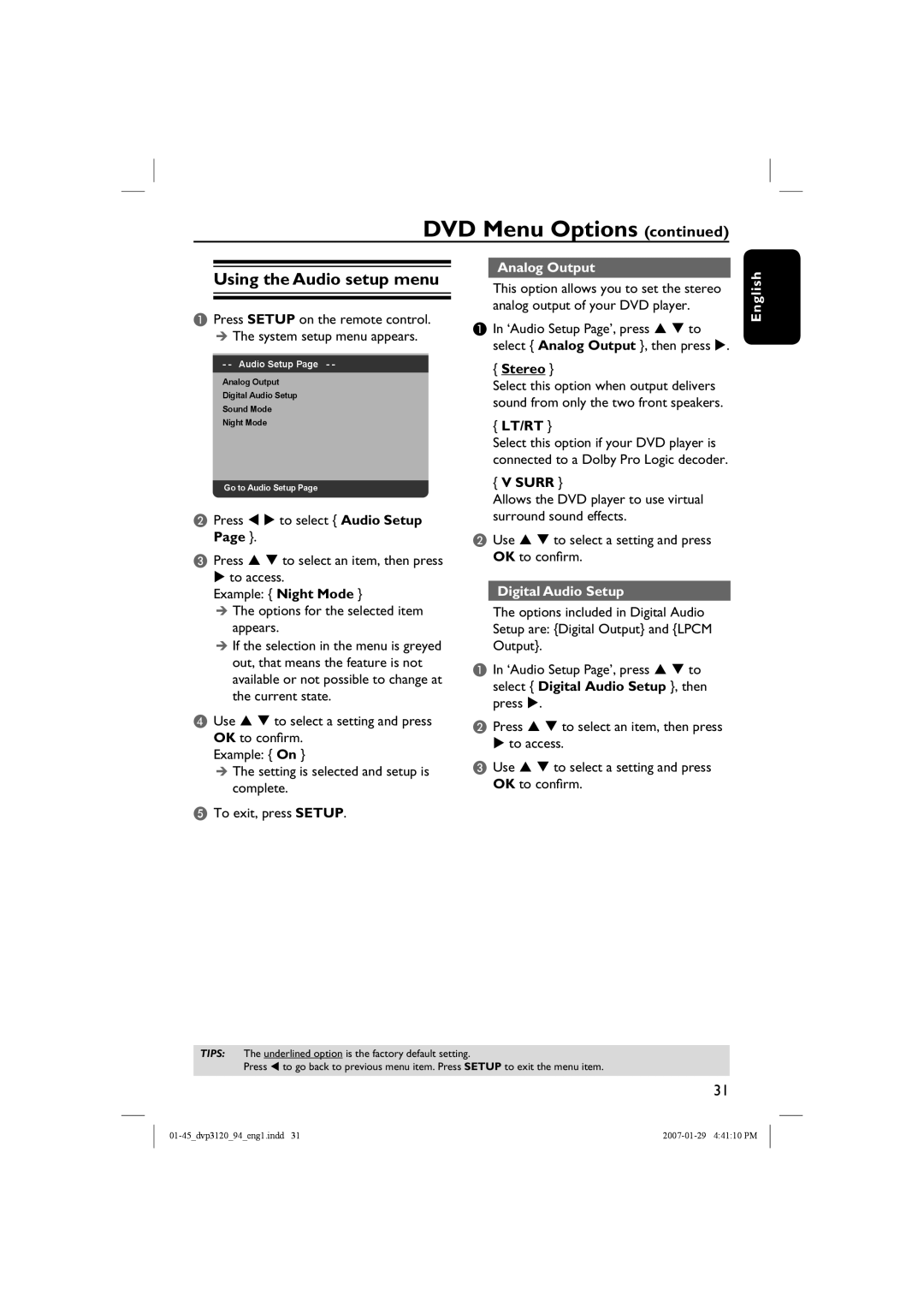 Philips DVP3120X/94, DVP3120/94 user manual Using the Audio setup menu, Analog Output, Digital Audio Setup 