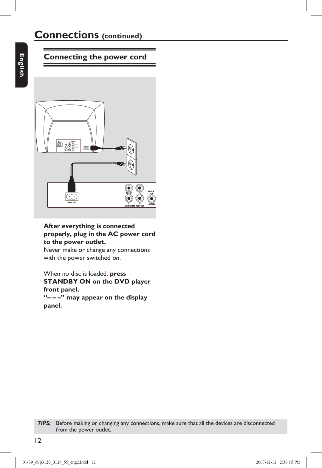 Philips DVP3124/55 manual Connecting the power cord, When no disc is loaded, press 