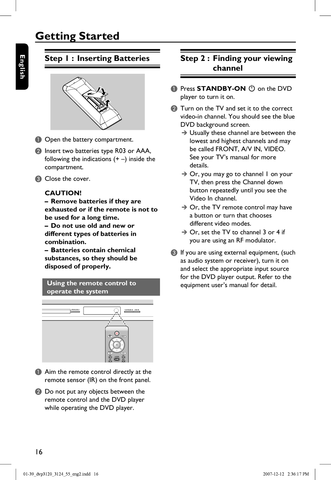 Philips DVP3124/55 manual Getting Started, Inserting Batteries, Finding your viewing channel 