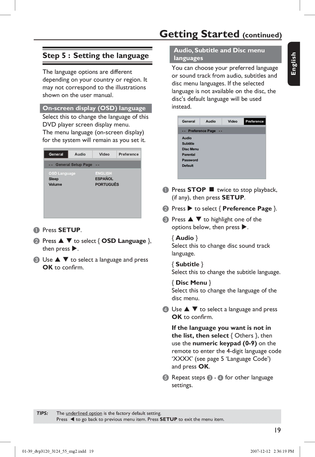 Philips DVP3124/55 manual Setting the language, On-screen display OSD language, Audio, Subtitle and Disc menu languages 