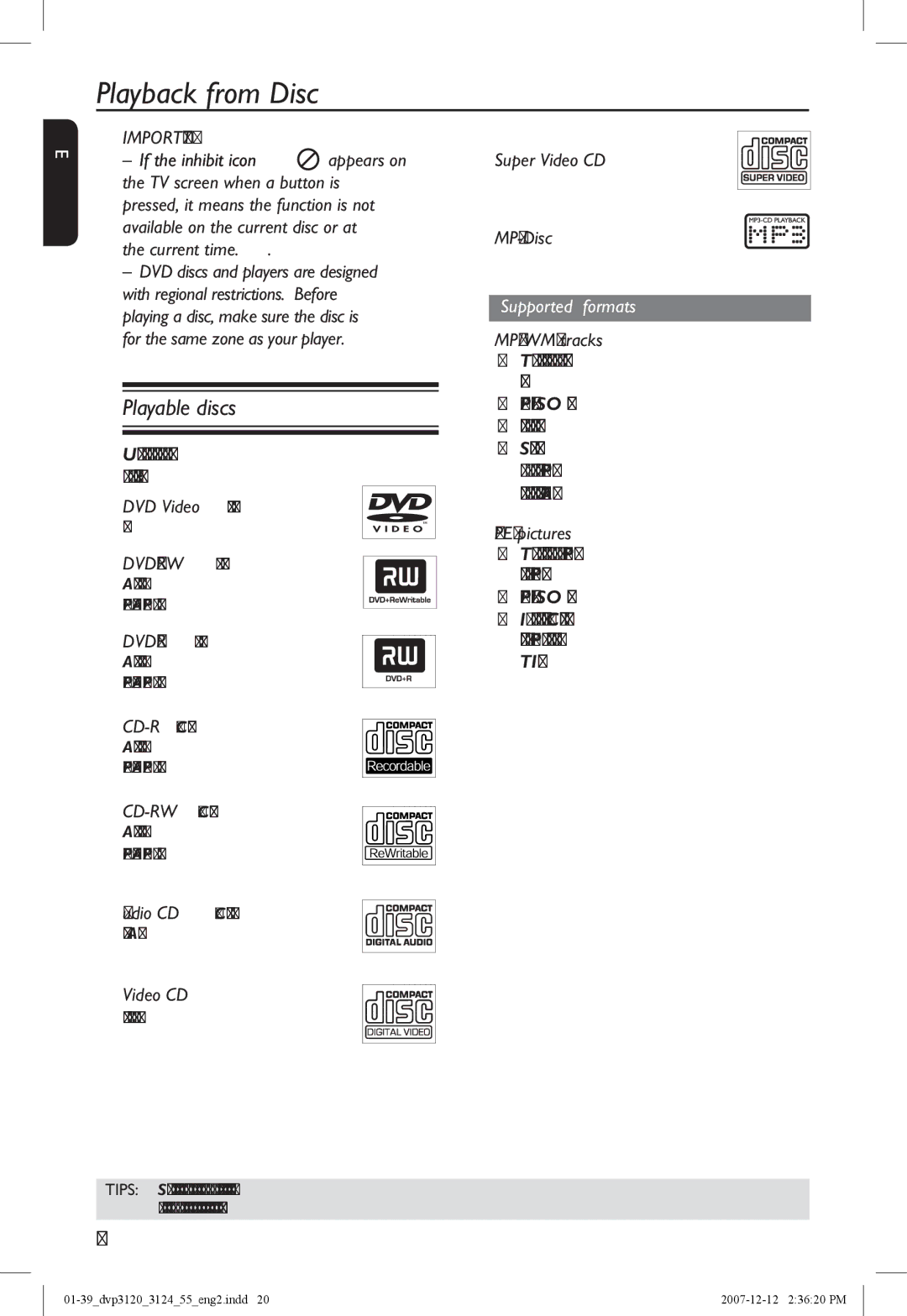 Philips DVP3124/55 manual Playback from Disc, Playable discs, Supported formats 