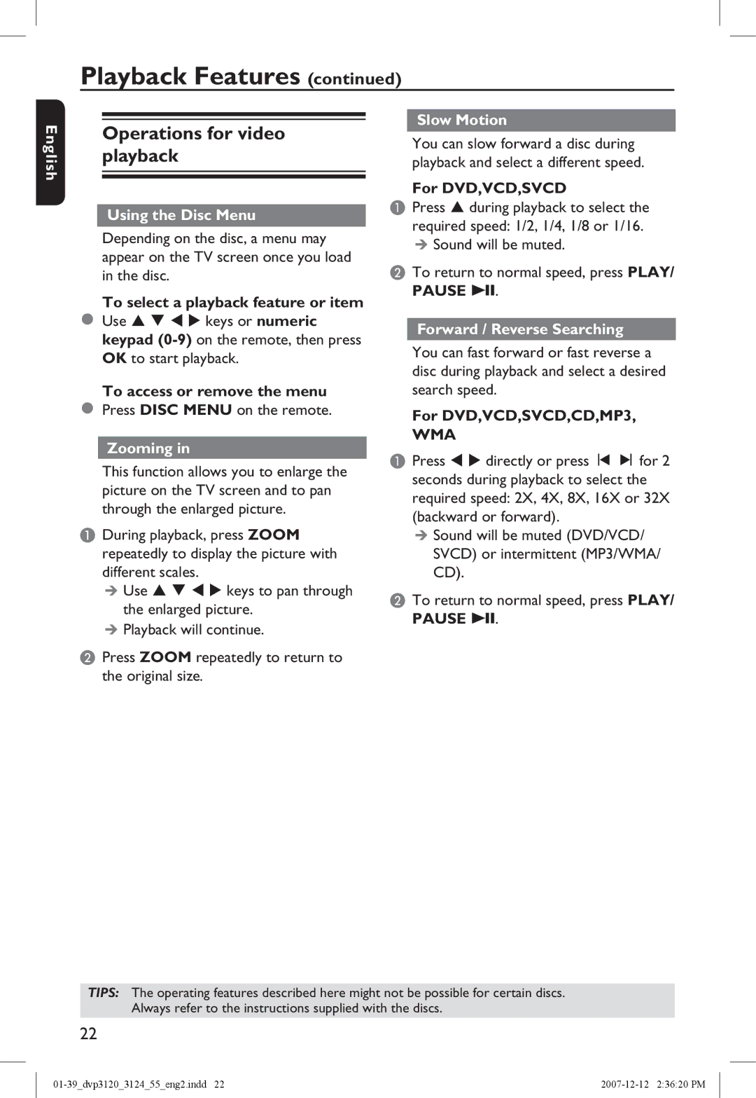 Philips DVP3124/55 Operations for video playback, Using the Disc Menu, Zooming, Slow Motion, Forward / Reverse Searching 