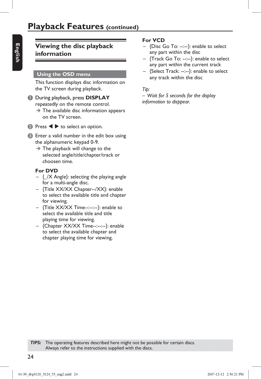 Philips DVP3124/55 manual Viewing the disc playback information, Using the OSD menu, For VCD 