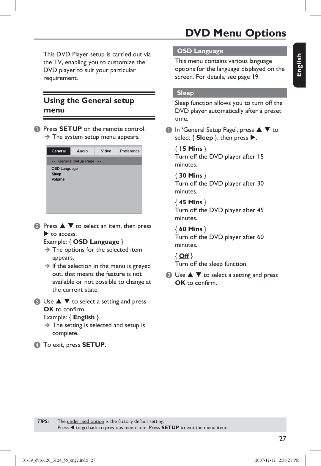 Philips DVP3124/55 manual DVD Menu Options, Using the General setup menu, OSD Language, Sleep 