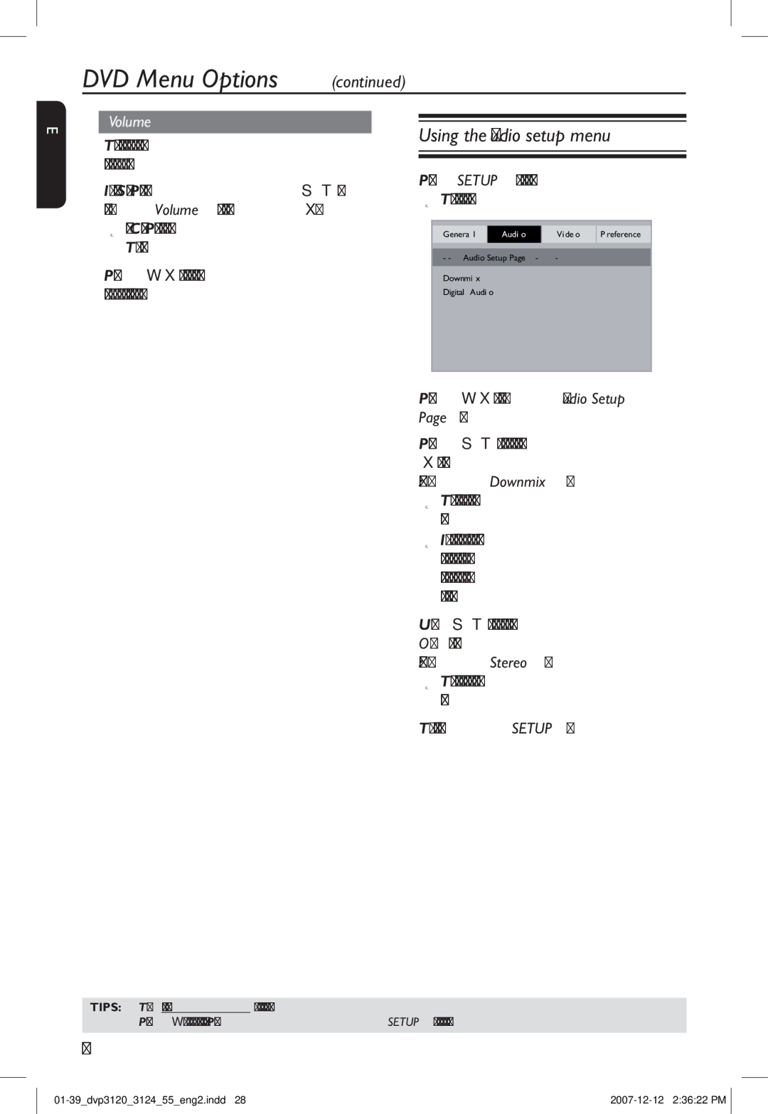 Philips DVP3124/55 manual Using the Audio setup menu, English Volume,  Volume Control Page appears on the TV screen 