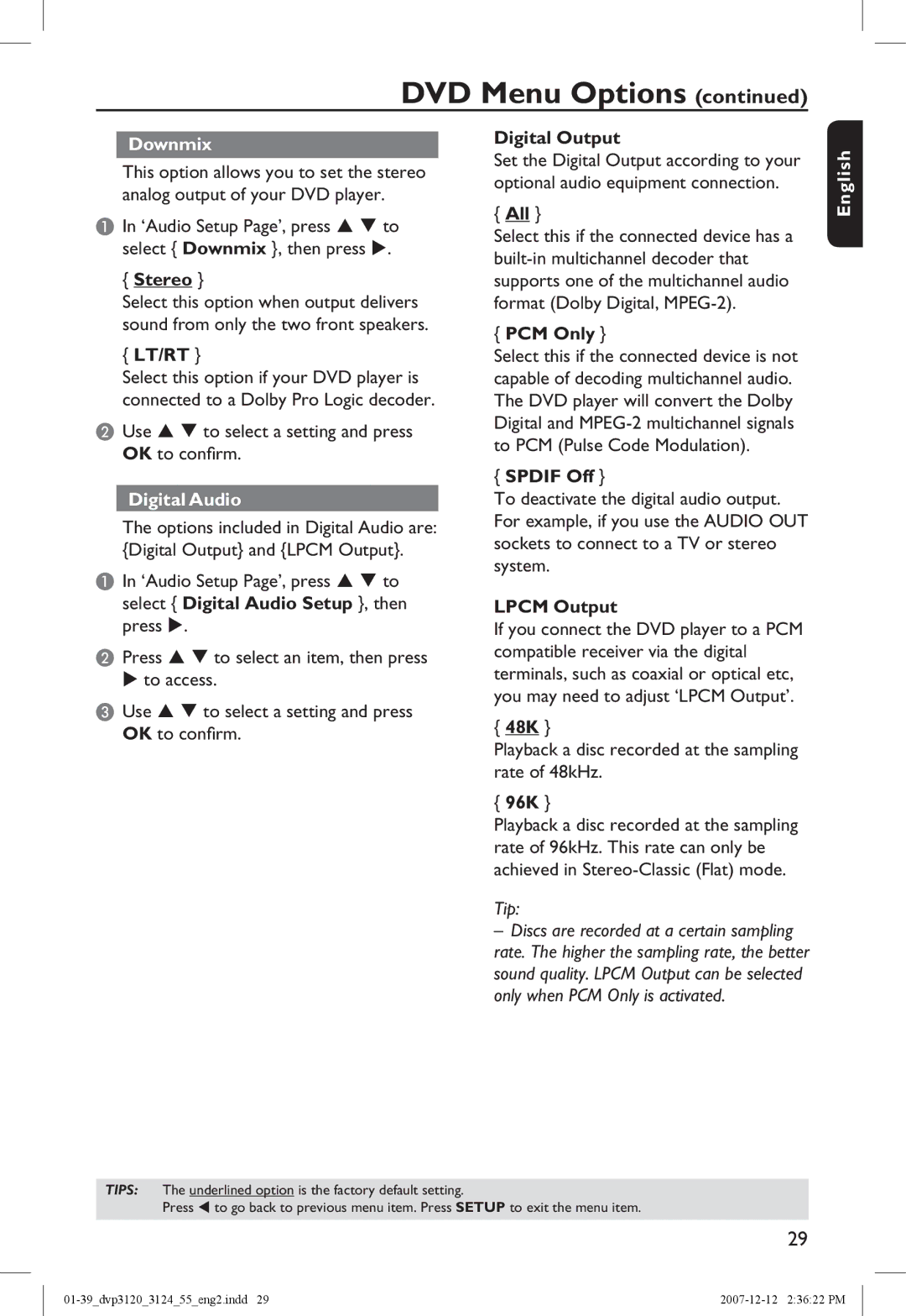 Philips DVP3124/55 manual Downmix, Digital Audio 